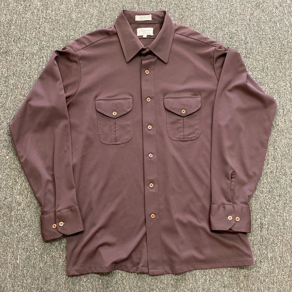 Vintage 1970’s Heywood House Silknit Polyester Button Down Shirt Dark Brown